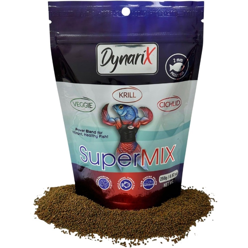 DynariX SuperMIX Fish Food, 2mm Pellets, 250g, Krill-Cichlid-Veggie Blend "MADE IN CANADA"