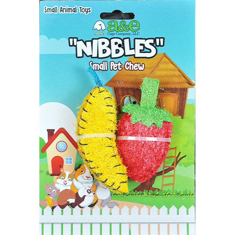 A & E Cages Nibbles Small Animal Loofah Chew Toy Banana & Strawberry