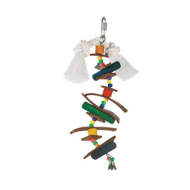 Living World Juglewood Bird Toy - Skewer With Wood Pegs - Plastic Beads - Leather Strips and Bell - Small