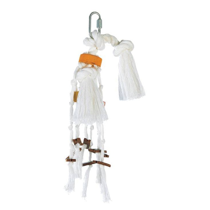 Living World Junglewood Bird Toy - l Rope With Wood Cylinders - Leather Strips and Bell - Small