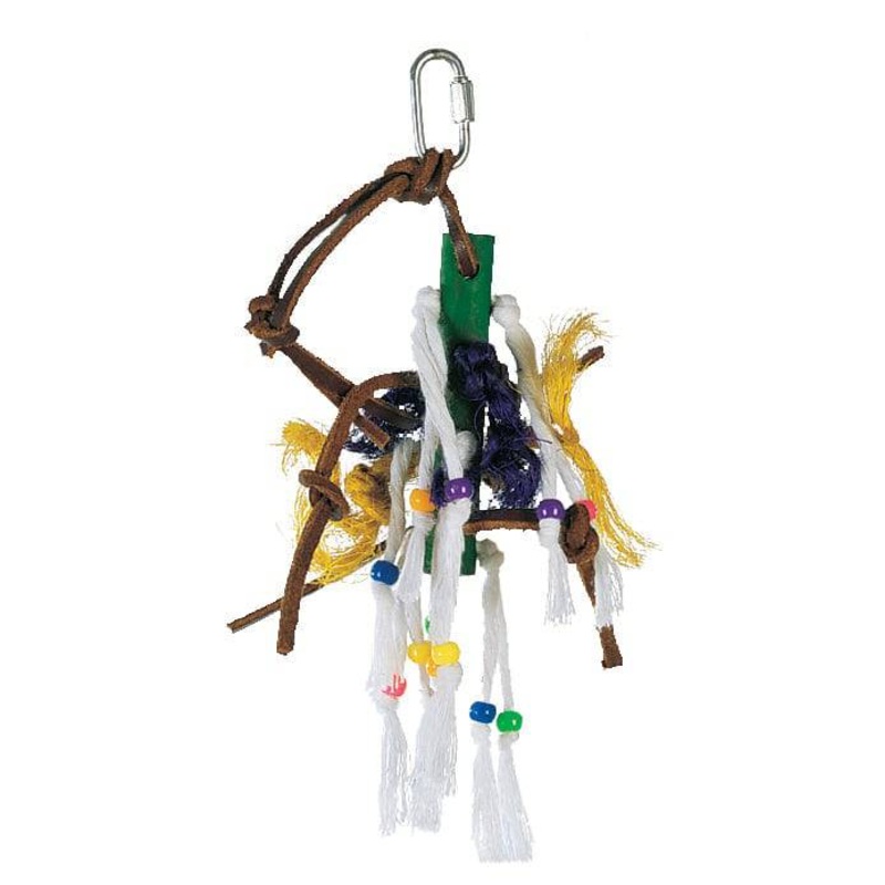 Living World Junglewood Bird Toy - Wood Peg with Ropes - Leather Strips and Beads - Small